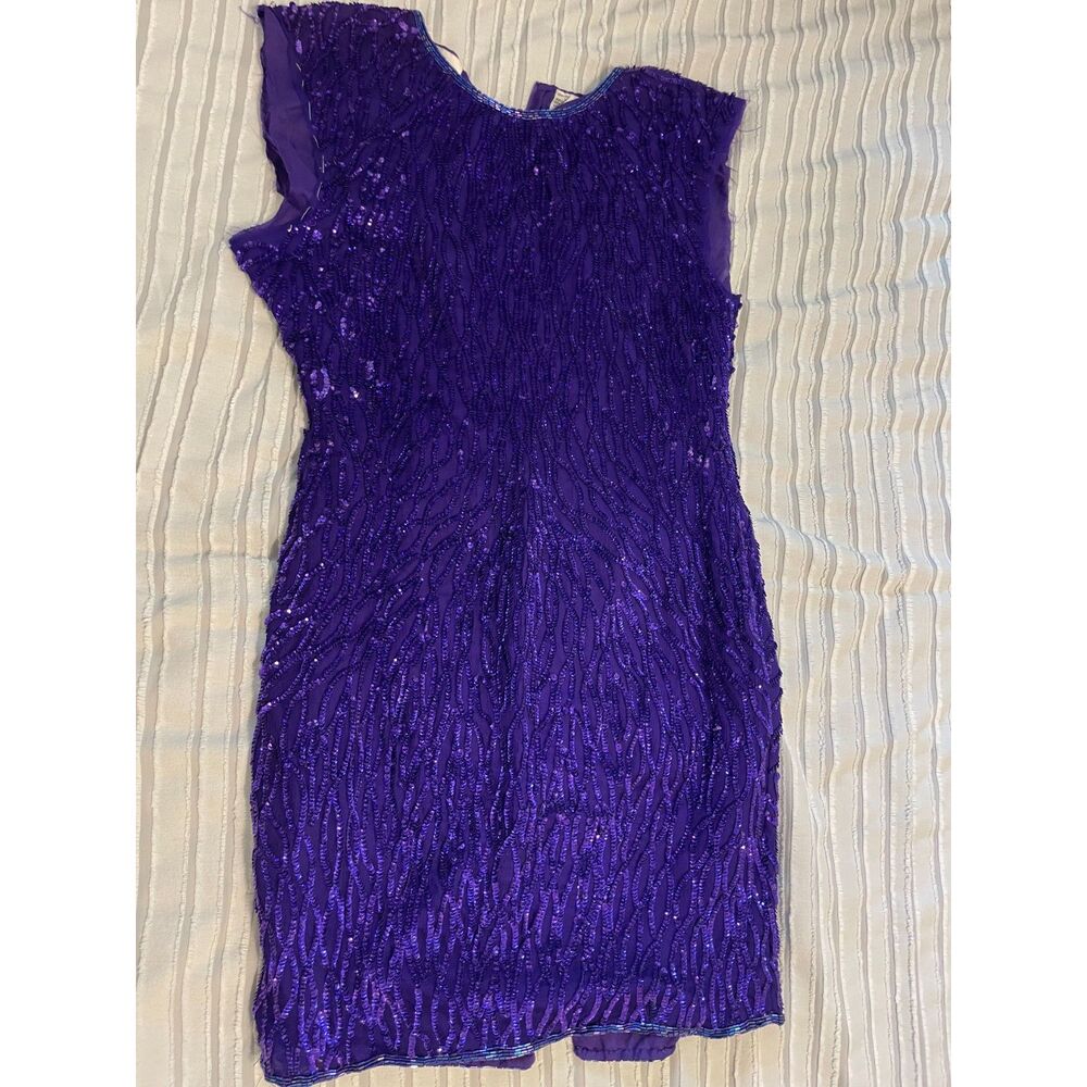 Vintage Laurence Kazar Purple Sequin Dress 100% Silk Size XL petite